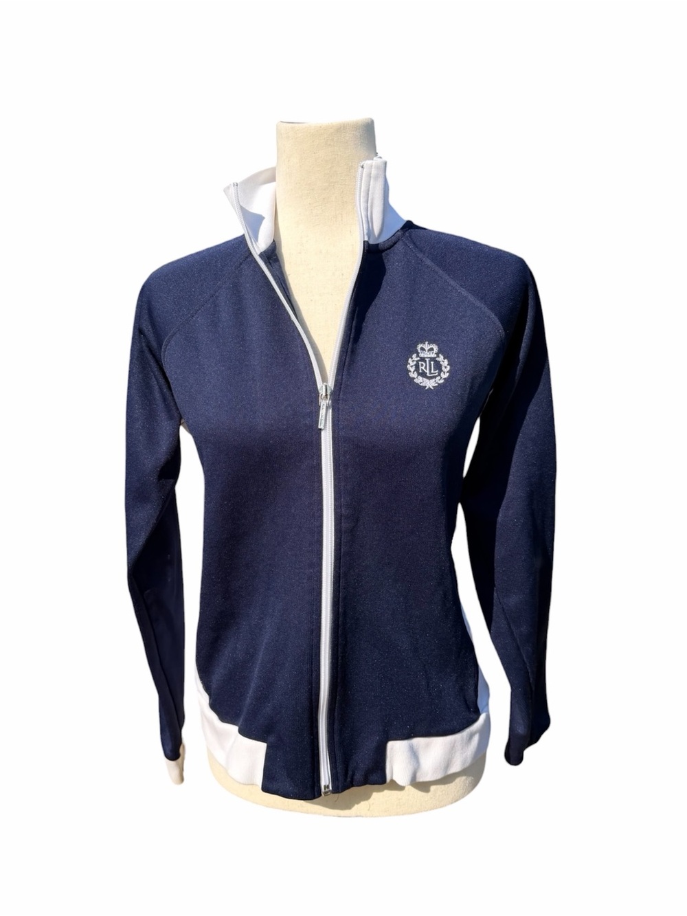 Ralph Lauren Active Navy, white Zip-Front Track Jacket w embroidered crest Small